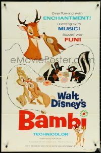 5j0847 BAMBI 1sh R1975 Walt Disney cartoon deer classic, great art with Thumper & Flower!