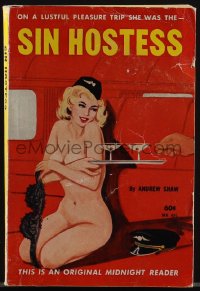 5j1695 SIN HOSTESS paperback book 1963 art of naked flight attendant on a lustful pleasure trip!