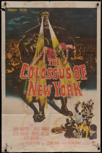 5j0889 COLOSSUS OF NEW YORK 1sh 1958 great art of robot monster holding sexy girl & attacking!