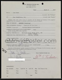 5j0028 JANE FONDA/BILL TODMAN signed contract 1962 paid $750 to be on the night time Password show!