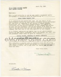 5j0034 TERESA WRIGHT signed contract 1946 agreeing to advertise Simon Cohen women's wear!