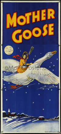 5j0649 MOTHER GOOSE stage play English 3sh 1930s stone litho art of mom holding broom & riding goose!