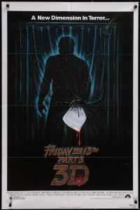 5j0961 FRIDAY THE 13th PART 3 - 3D 1sh 1982 slasher sequel, art of Jason stabbing through shower!