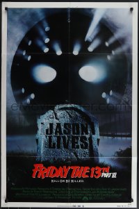 5j0962 FRIDAY THE 13th PART VI 1sh 1986 Jason Lives, cool image of hockey mask over tombstone!