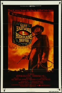 5j0989 HIGH PLAINS DRIFTER 1sh 1973 classic Ron Lesser art of Clint Eastwood holding gun & whip!