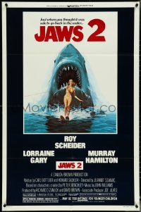 5j1019 JAWS 2 1sh 1978 great classic art of giant shark attacking girl on water skis by Lou Feck!