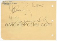 5j0218 JOHNNY WEISSMULLER/CLAUDETTE COLBERT signed 4x6 album page 1935 it can be framed with a repro