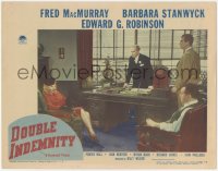 5j1396 DOUBLE INDEMNITY LC #3 1944 Fred MacMurray & Edward G. Robinson stare at Barbara Stanwyck!