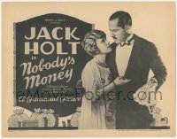 5j1298 NOBODY'S MONEY TC 1923 Jack Holt in tuxedo with Wanda Hawley, art of money bags, ultra rare!