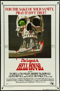 5j1046 LEGEND OF HELL HOUSE 1sh 1973 B.T. art of skull & haunted house dripping with blood!