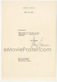 5j0046 DARRYL F. ZANUCK signed letter 1951 thanking friend for congratulations on All About Eve!