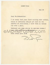 5j0055 ROBERT RYAN signed letter 1960s apologizing for losing fan's photos & sending replacements!