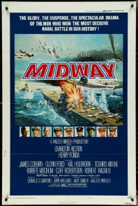 5j1070 MIDWAY style B 1sh 1976 Charlton Heston, Henry Fonda, dramatic naval battle art!