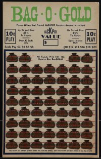 5j0459 BAG-O-GOLD 9x14 punch board gambling card 1940s open 13 seals & try to win the jackpot!