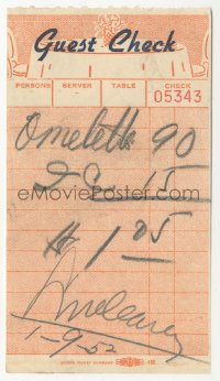 5j0133 LEO MCCAREY signed guest check 1952 the director had an omelette for breakfast!