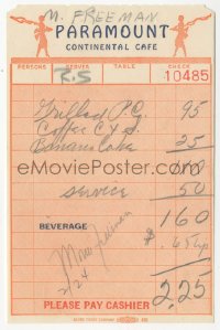 5j0134 MONA FREEMAN signed guest check 1950s the actress' meal at the Paramount Continental Cafe!