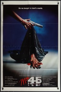 5j1074 MS. .45 1sh 1981 Abel Ferrara cult classic, cool body bag image and bloody hand!