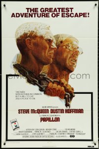 5j1093 PAPILLON 1sh 1973 prisoners Steve McQueen & Dustin Hoffman by Tom Jung, Allied Artists!