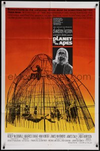 5j1102 PLANET OF THE APES 1sh 1968 Charlton Heston, classic sci-fi, cool art of caged humans!