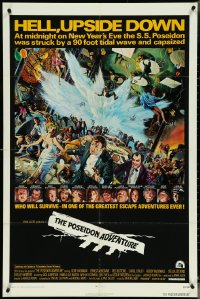 5j1104 POSEIDON ADVENTURE 1sh 1972 art of Gene Hackman & cast escaping by Mort Kunstler!