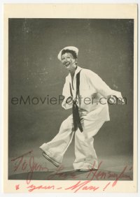 5j0118 MARY MARTIN signed postcard 1983 dancing in large baggy sailor suit by Philippe Halsman!