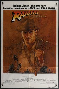 5j1112 RAIDERS OF THE LOST ARK 1sh 1981 Steven Spielberg, great Richard Amsel art of Harrison Ford!