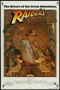 5j1113 RAIDERS OF THE LOST ARK 1sh R1982 great Richard Amsel art of adventurer Harrison Ford!