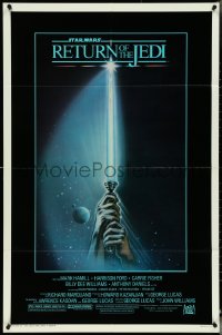 5j1118 RETURN OF THE JEDI 1sh 1983 Star Wars, great art of hands holding lightsaber by Tim Reamer!