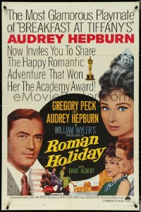 5j1136 ROMAN HOLIDAY 1sh R1962 beautiful Audrey Hepburn & Gregory Peck, Vespa, William Wyler!