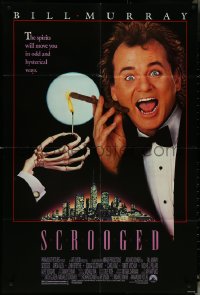 5j1144 SCROOGED 1sh 1988 Richard Donner, great image of skeleton hand lighting Bill Murray's cigar!