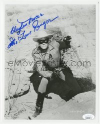 5j0258 CLAYTON MOORE signed 8x10 REPRO photo 1980s great image as The Lone Ranger by rock formation!