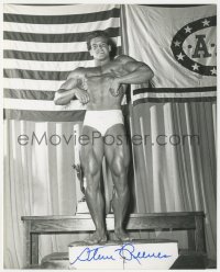 5j0280 STEVE REEVES signed 8x10 REPRO photo 1990s showing off his incredible physique by trophies!