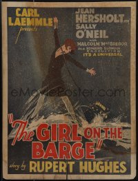 5j0416 GIRL ON THE BARGE WC 1929 great art of sexy Sally O'Neil hanging from rope over ocean!