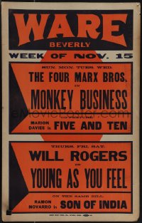 5j0452 WARE THEATRE WC 1931 The Four Marx Bros in Monkey Business, Will Rogers, Son of India!