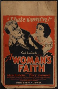 5j0454 WOMAN'S FAITH WC 1925 great art of Alma Rubens & Percy Marmont, who hates women, very rare!