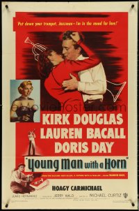 5j1237 YOUNG MAN WITH A HORN 1sh 1950 jazz man Kirk Douglas kisses sexy Lauren Bacall + Doris Day!