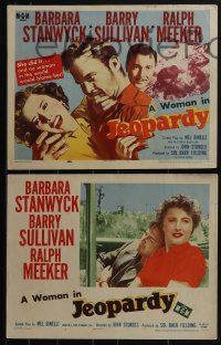 5j1514 JEOPARDY 8 LCs 1953 Barbara Stanwyck struggling with Ralph Meeker, Barry Sullivan, film noir!