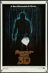 5k0396 FRIDAY THE 13th PART 3 - 3D 1sh 1982 slasher sequel, art of Jason stabbing through shower!