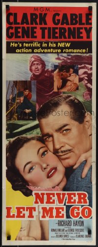 5k0951 NEVER LET ME GO insert 1953 romantic close up artwork of Clark Gable & sexy Gene Tierney!