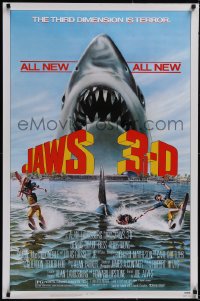 5k0430 JAWS 3-D 1sh 1983 Dennis Quaid, great Gary Meyer shark art, the third dimension is terror!