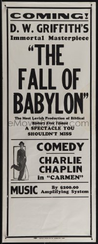 5k0614 FALL OF BABYLON 11x28 special poster R1940s D.W. Griffith, Charlie Chaplin, $200 sound!