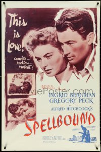 5k0516 SPELLBOUND 1sh R1956 images of Alfred Hitchcock, Ingrid Bergman & Gregory Peck!