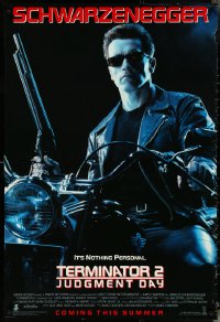 5k0539 TERMINATOR 2 advance DS 1sh 1991 Arnold Schwarzenegger on motorcycle with shotgun!