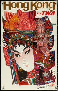 5k0225 TWA HONG KONG 25x40 travel poster 1967 Klein art of Asian woman, up, up and away, ultra rare!