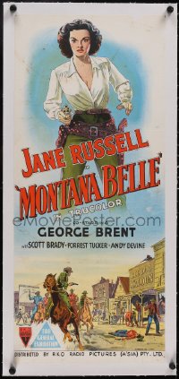 5p1122 MONTANA BELLE linen Aust daybill 1953 different art of sexy Jane Russell w/ gun drawn!