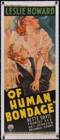 5p1083 OF HUMAN BONDAGE linen long Aust daybill 1934 great art of Leslie Howard carrying Bette Davis!