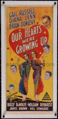 5p1123 OUR HEARTS WERE GROWING UP linen Aust daybill 1946 Richardson Studio art, Gail Russell, rare!