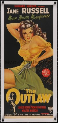 5p1124 OUTLAW linen Aust daybill R1952 hand litho of sexy Jane Russell w/gun, better than original!