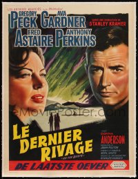 5p1281 ON THE BEACH linen Belgian 1959 different art of Gregory Peck & Ava Gardner, Stanley Kramer!