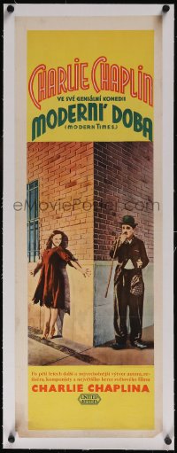 5p1263 MODERN TIMES linen Czech 13x36 1936 different image of Charlie Chaplin & Goddard, very rare!